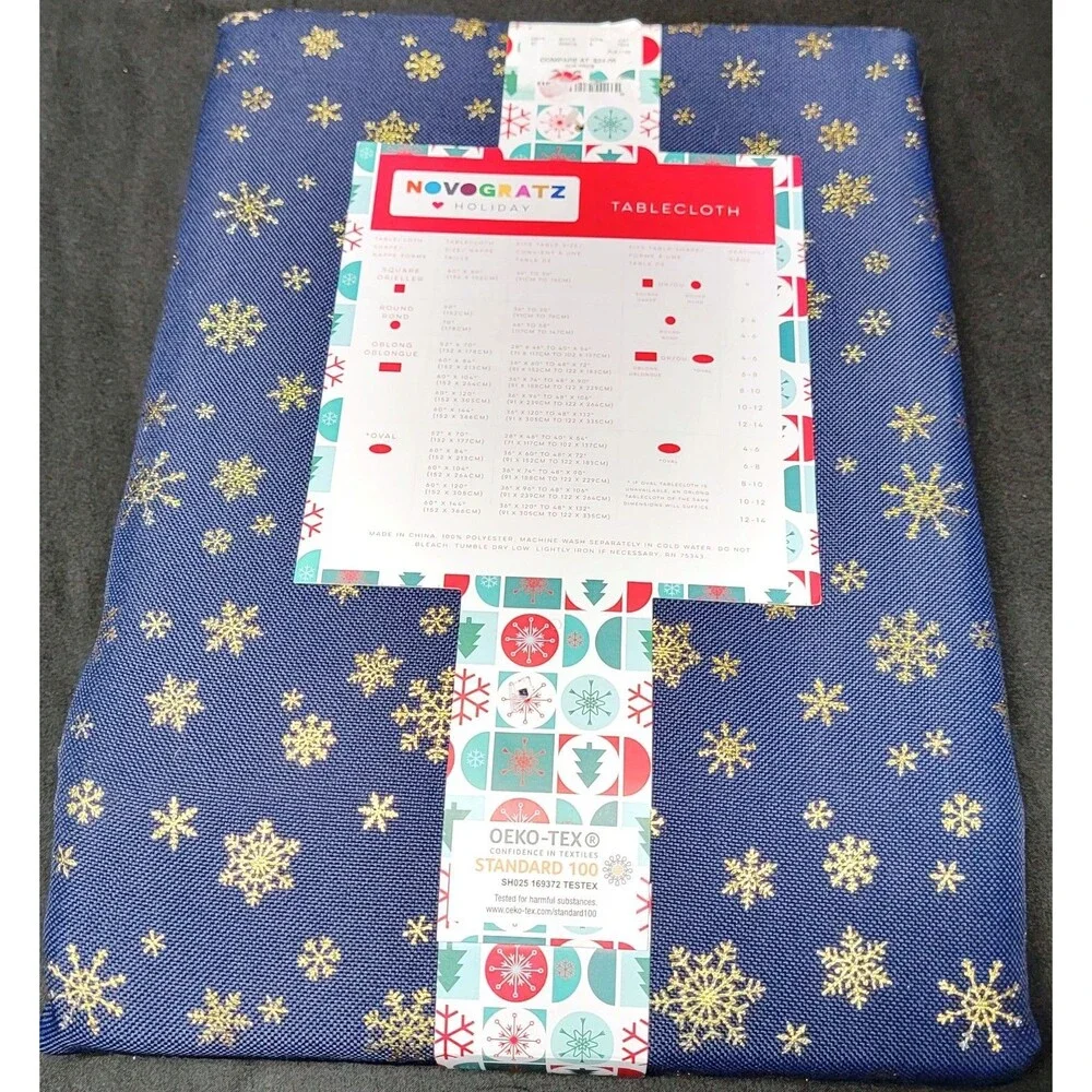 Novogratz Holiday Tablecloth Blue Gold Metallic Snowflakes 60x104 Oblong NIP NWT